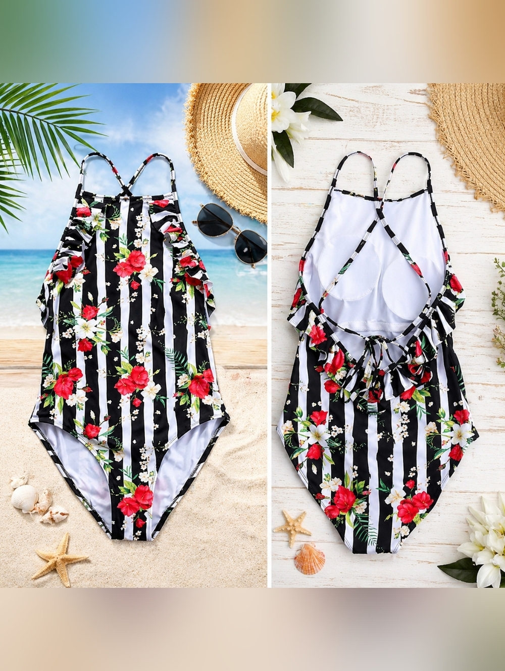 Floral Striped One Piece Swimsuit | Women's High Neck Ruffle Bathing Suit